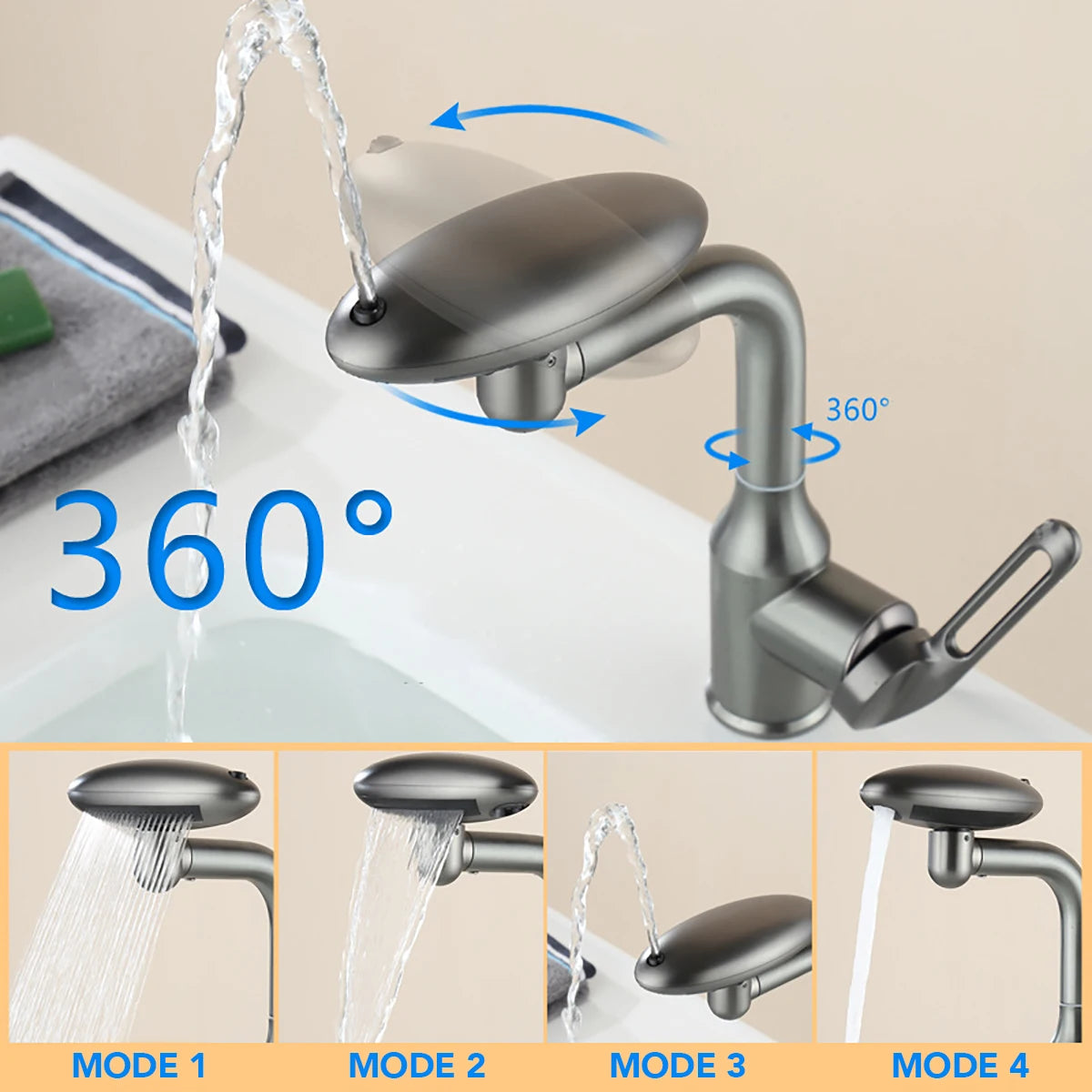 Luxury & Function Combined: 360° Swivel Tap with Waterfall, Aerated, and Spray Modes