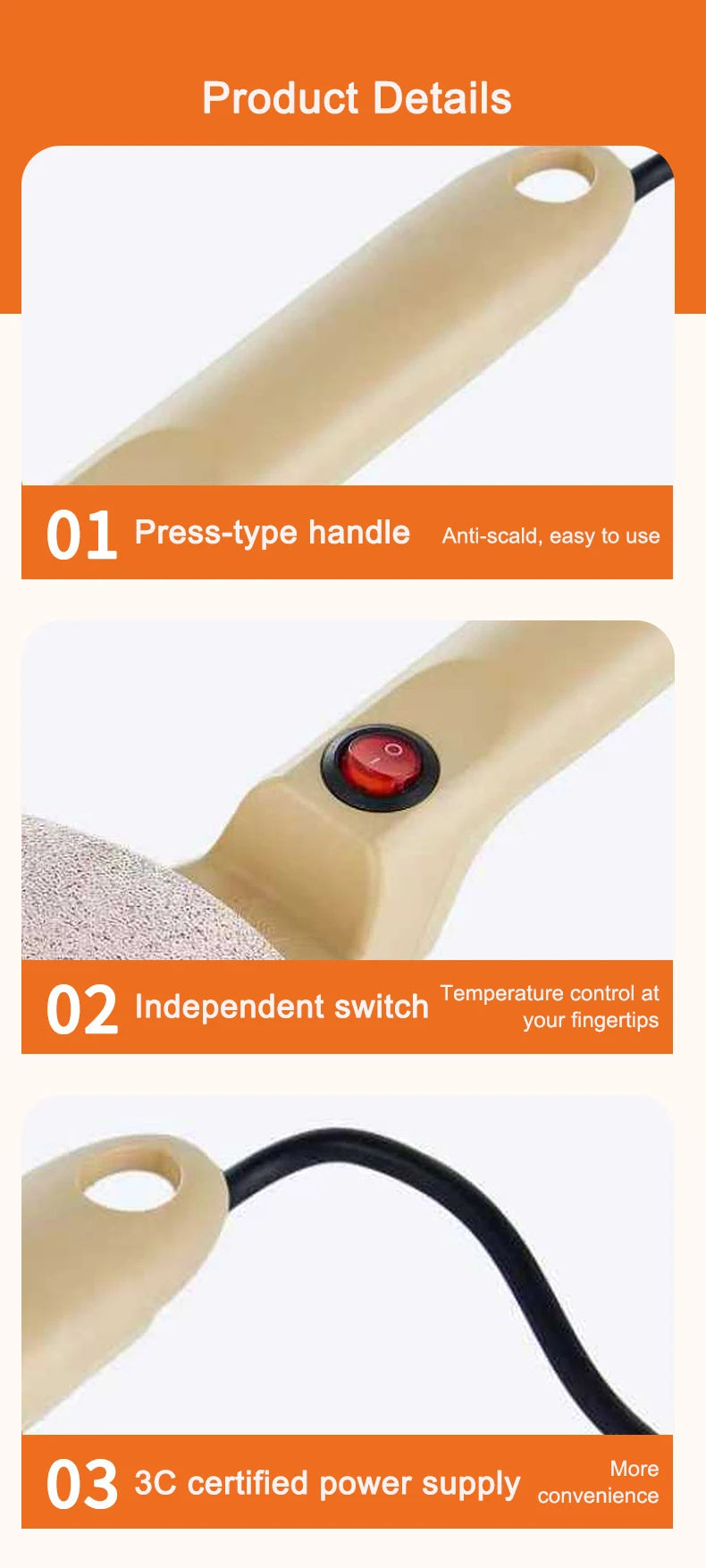 Electric Crepe Maker Long Handle Non-stick Pizza Pancake Baking Pan Spring Roll Cake Griddle Rice Wrap Cooking Plate Household