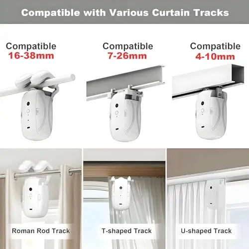 Automatic Curtain Motor Kit, Smart Home Curtain Opener Compatible with T Track & U Track, Works with Remote, App, and Voice Assistan